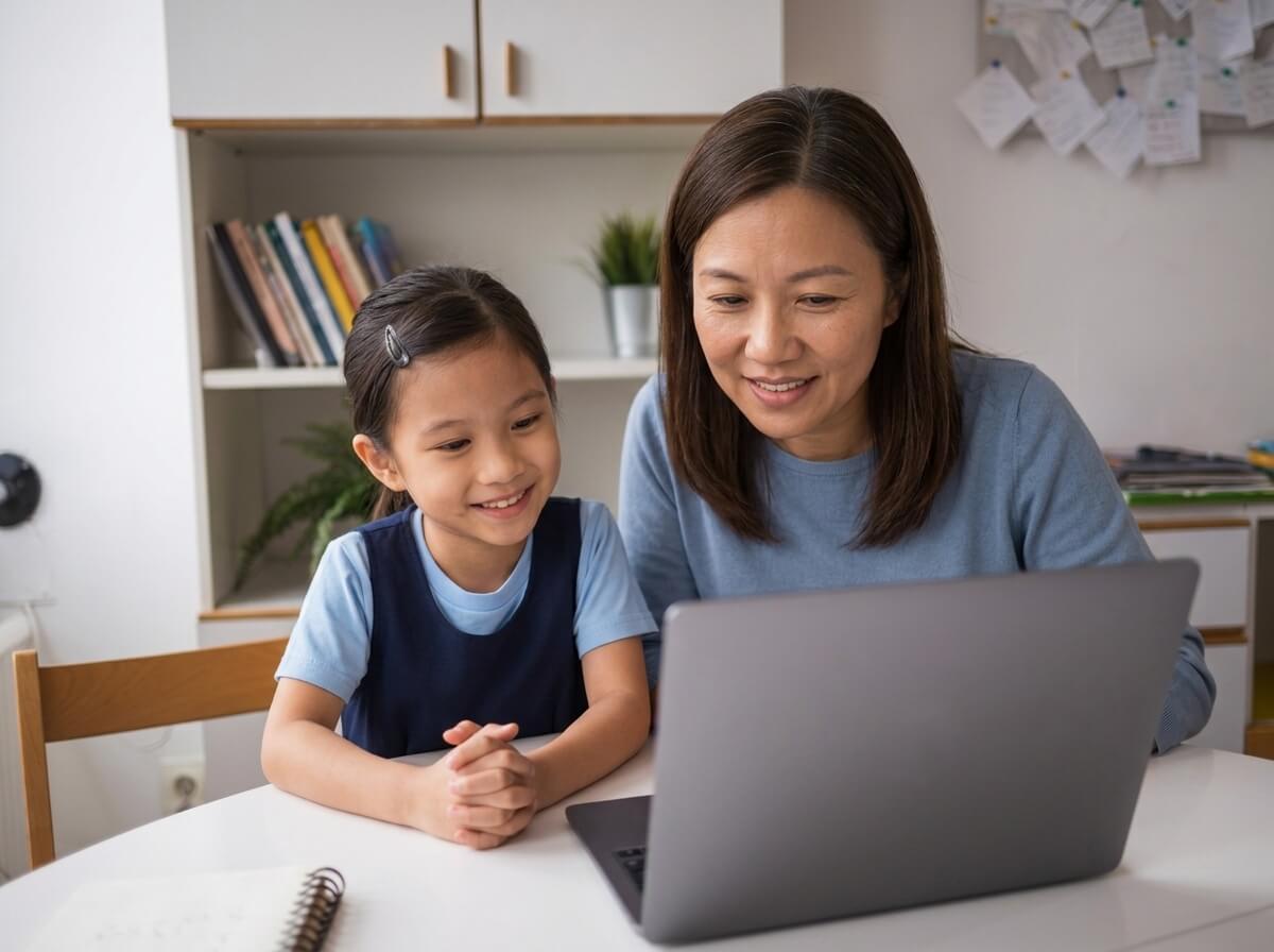 Parent and child studying together on a laptop